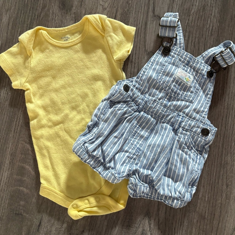 Carter's Blue and White Striped Overalls with yellow onesie